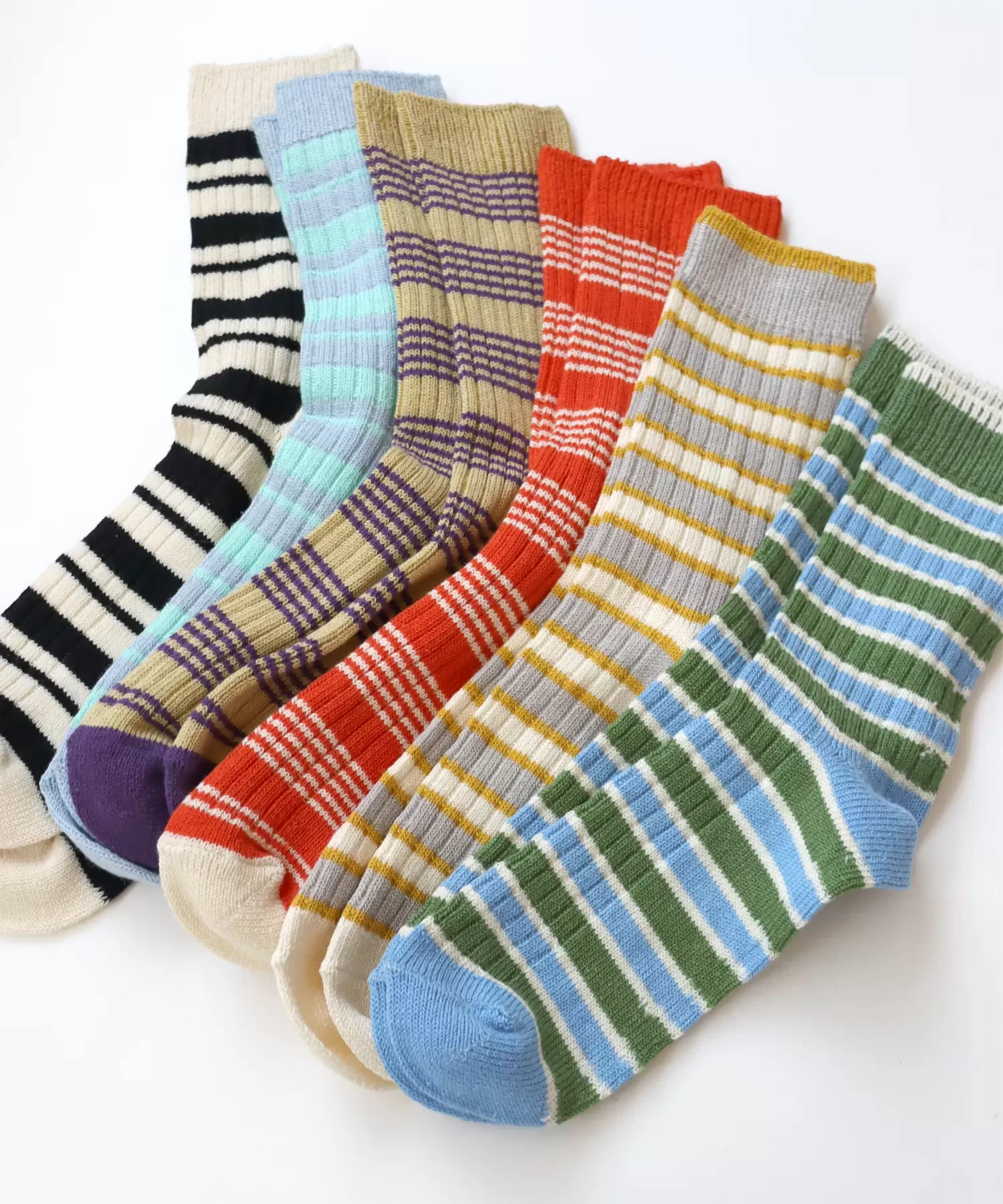 綿麻ボーダー クルーソックス